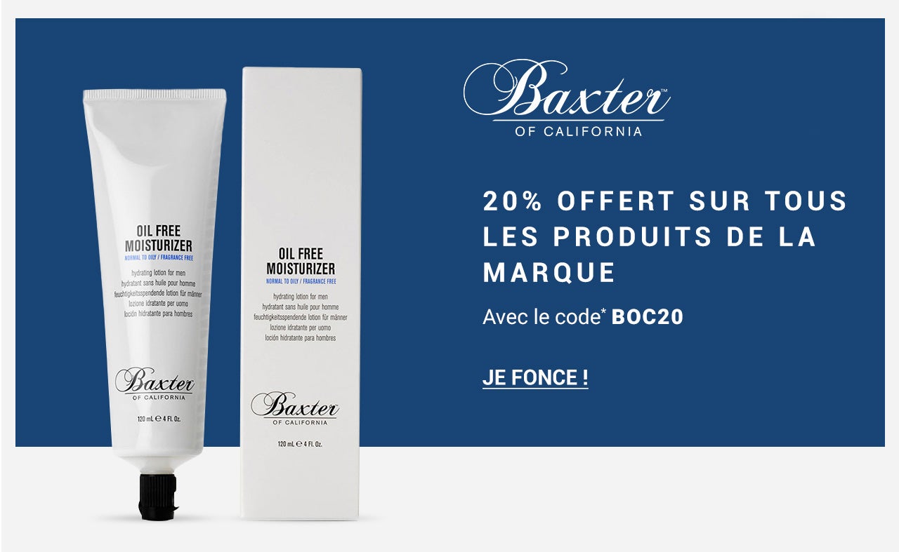 -20% offert avec le code BOC20 sur tous les produits Baxter of California