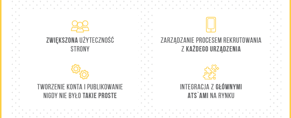 Zwiększona użyteczność strony, tworzenie konta i publikowanie nigdy nie było takie proste, zarządzanie procesem rekrutowania z każdego urządzenia, integracja z głownymi ATS`ami na rynku.