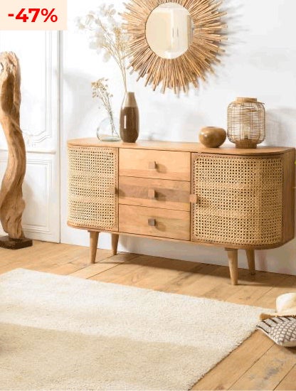 Buffet marron 2 portes 3 tiroirs bois de jamelonier et cannage ISA