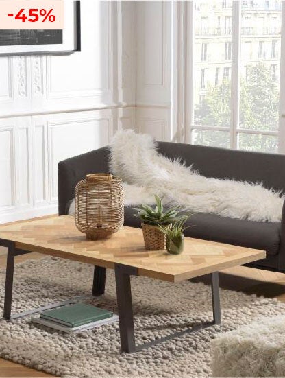 Table basse plateau chevrons en bois et pieds métal CARLA