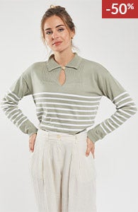 Pull rayé col vareuse - coton