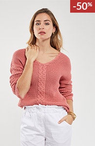 Pull col V maille torsadée - coton
